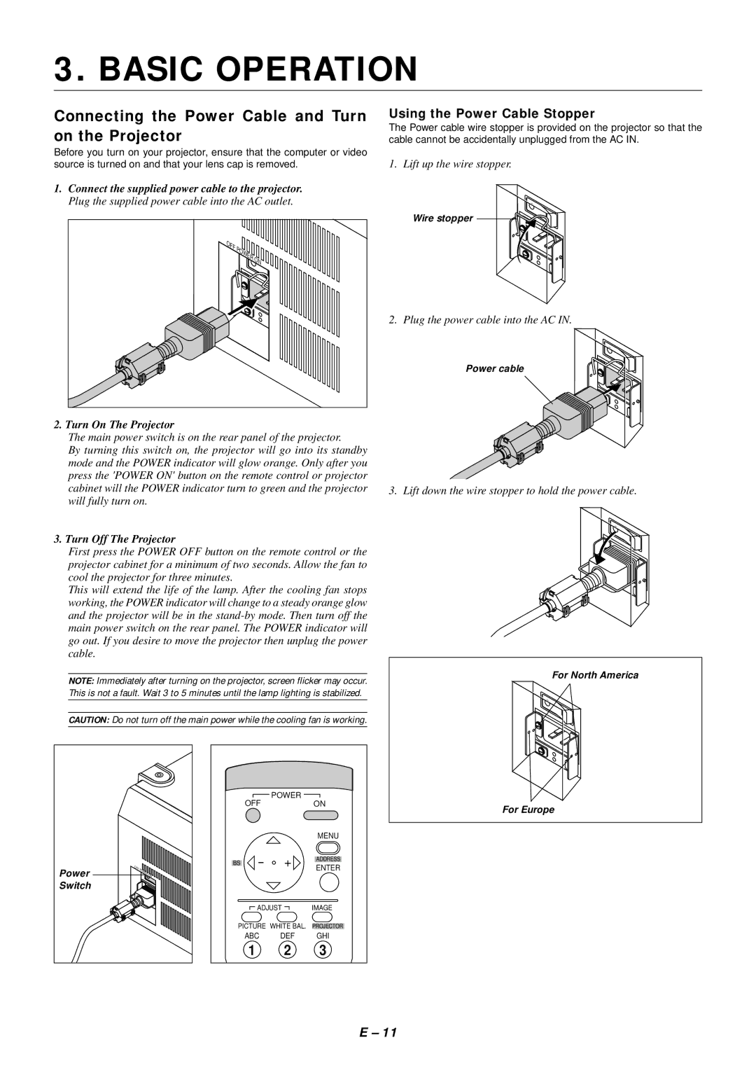 NEC SX4000 user manual Basic Operation, Connecting the Power Cable and Turn on the Projector, Using the Power Cable Stopper 