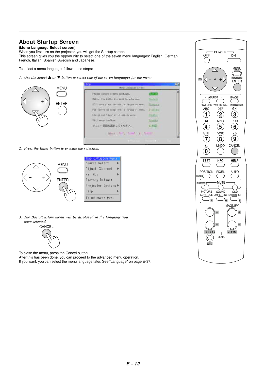 NEC SX4000 user manual About Startup Screen, Menu Language Select screen, + Enter, Cancel 