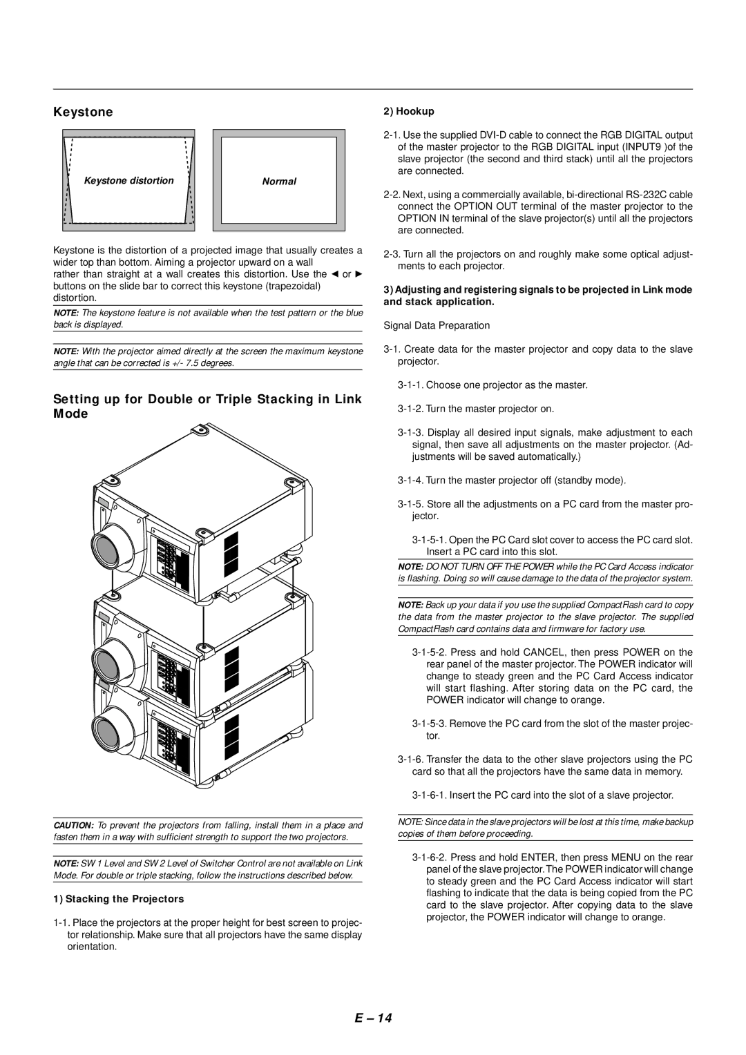 NEC SX4000 user manual Setting up for Double or Triple Stacking in Link Mode, Stacking the Projectors, Hookup 