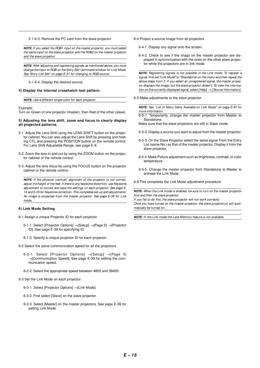 NEC SX4000 user manual Display the internal crosshatch test pattern, Link Mode Setting 