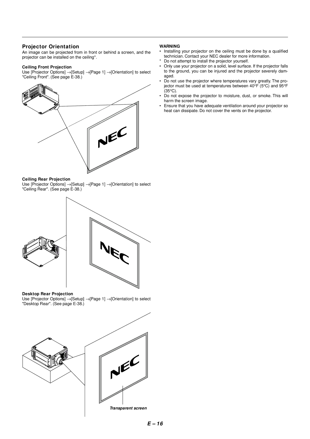 NEC SX4000 user manual Projector Orientation, Ceiling Front Projection, Ceiling Rear Projection, Desktop Rear Projection 