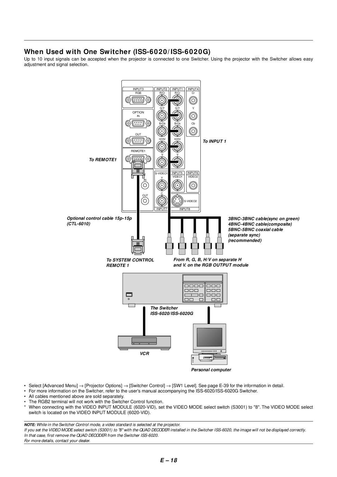 NEC SX4000 user manual When Used with One Switcher ISS-6020/ISS-6020G, Vcr 