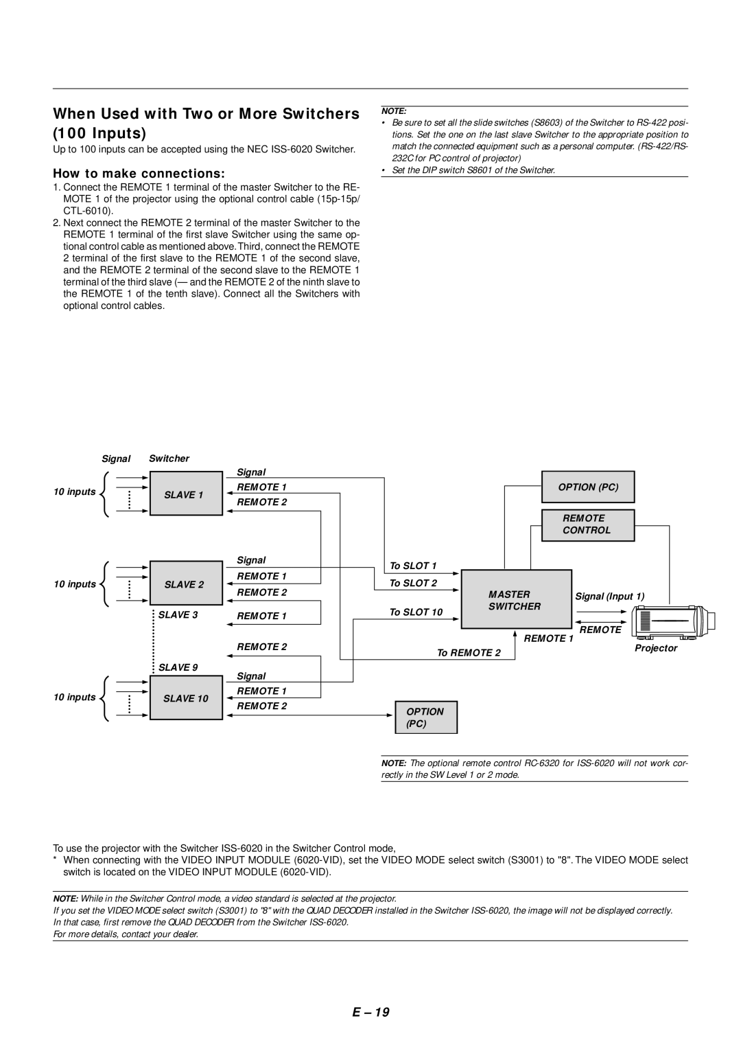 NEC SX4000 user manual When Used with Two or More Switchers 100 Inputs, How to make connections 