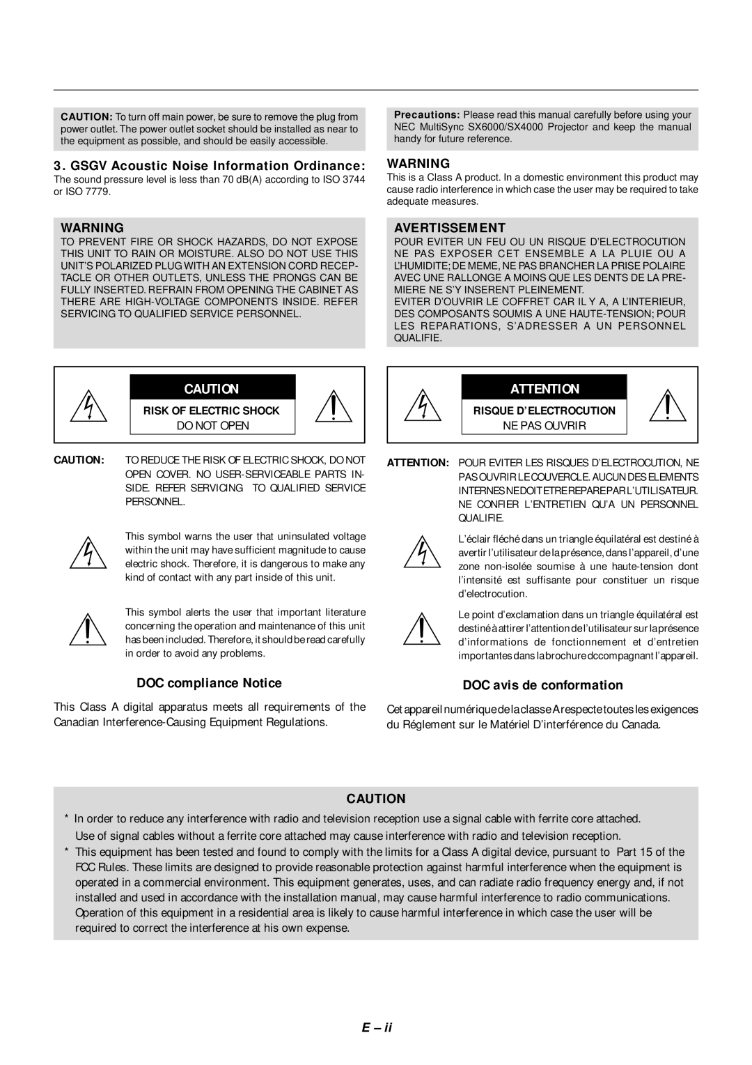 NEC SX4000 user manual Gsgv Acoustic Noise Information Ordinance, Avertissement 