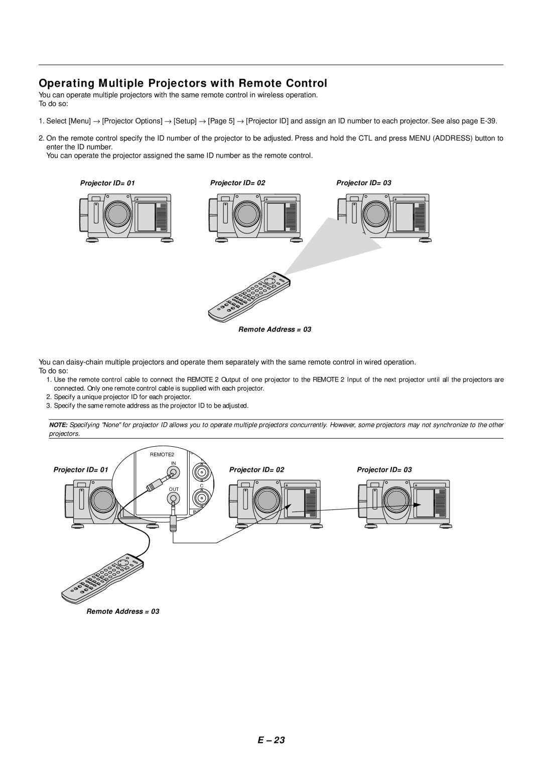 NEC SX4000 user manual Operating Multiple Projectors with Remote Control, Projector ID= Remote Address = 