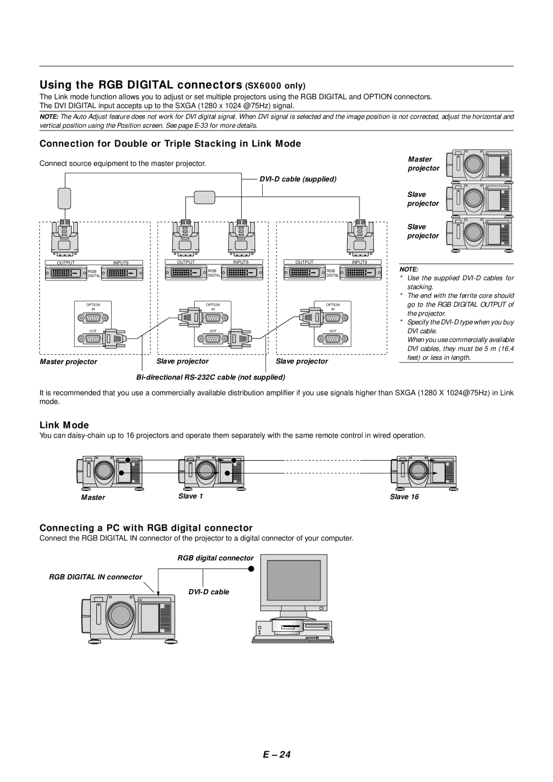 NEC SX4000 user manual Using the RGB Digital connectors SX6000 only, Connection for Double or Triple Stacking in Link Mode 