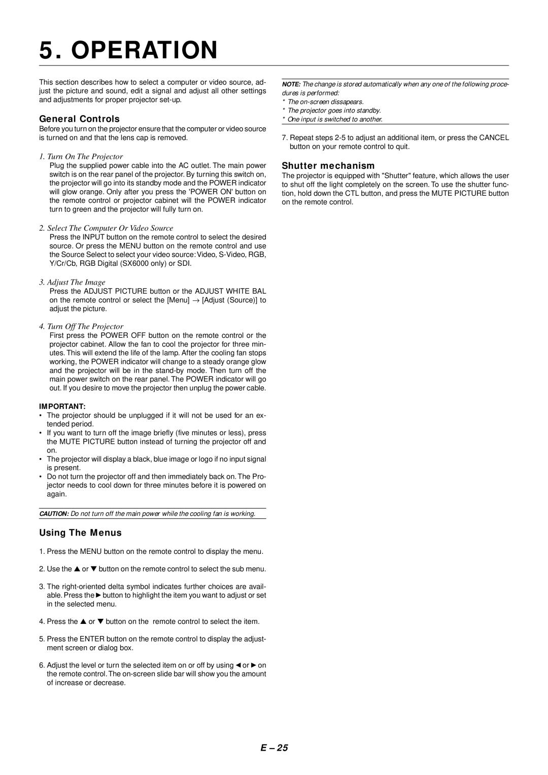 NEC SX4000 user manual Operation, General Controls, Using The Menus, Shutter mechanism 