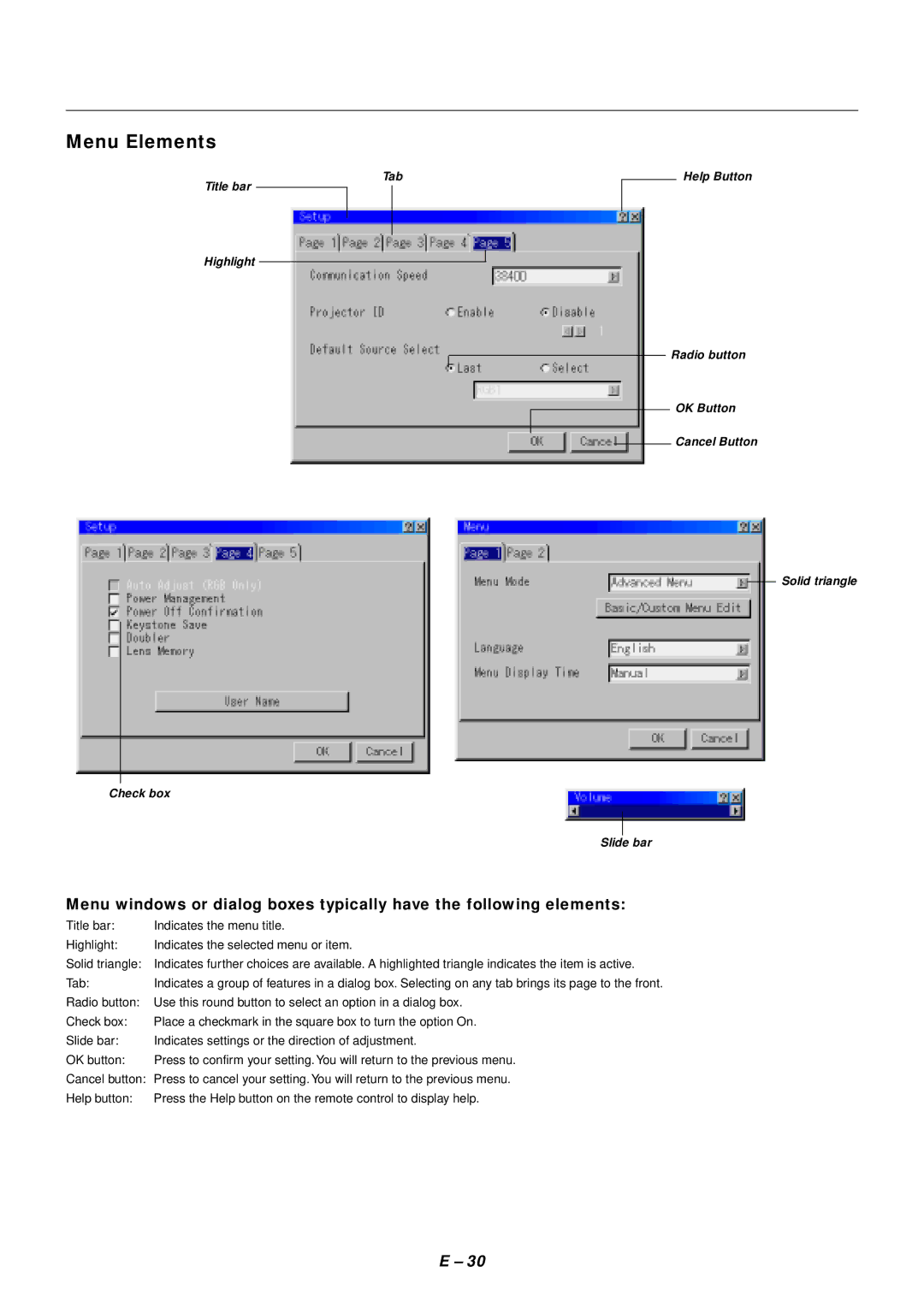 NEC SX4000 user manual Menu Elements 