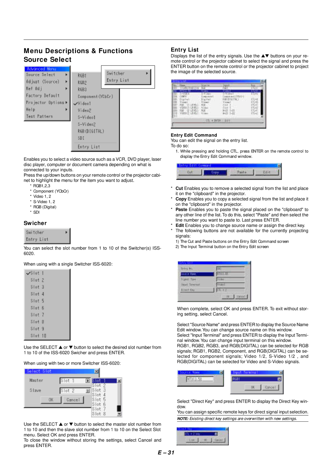 NEC SX4000 user manual Menu Descriptions & Functions Source Select, Swicher, Entry List, Sdi, Entry Edit Command 