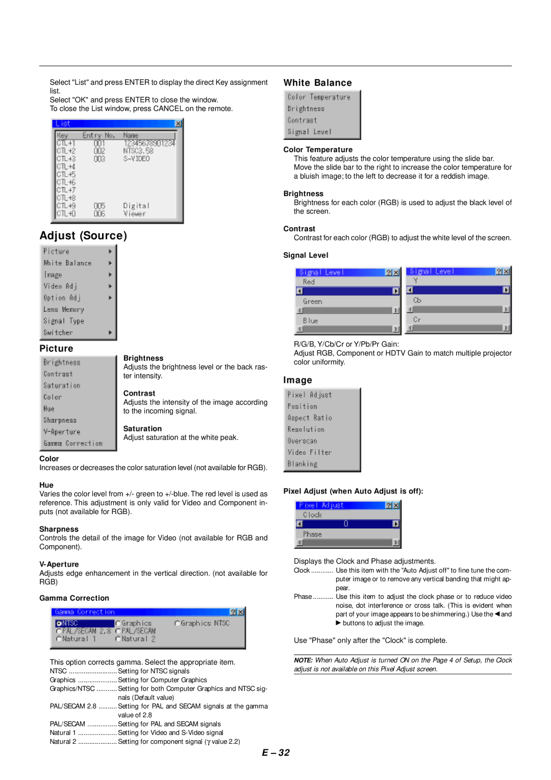 NEC SX4000 user manual Adjust Source, White Balance, Picture, Image 