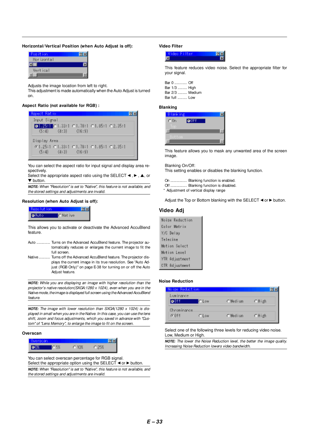 NEC SX4000 user manual Video Adj 