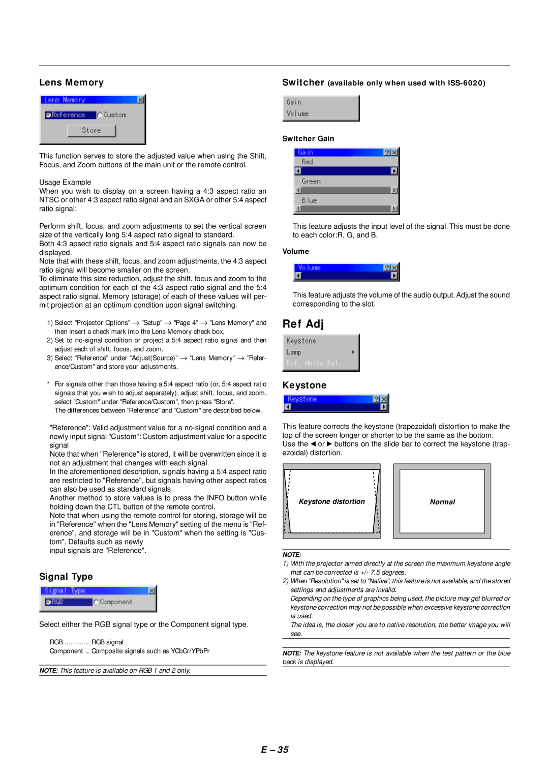 NEC SX4000 user manual Ref Adj, Lens Memory, Signal Type, Keystone, Volume 