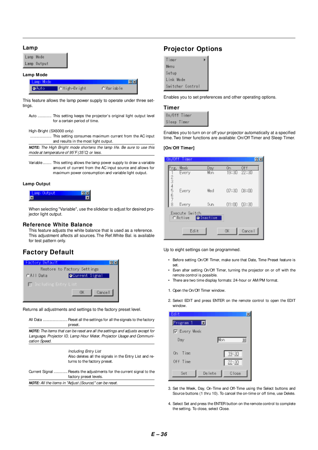 NEC SX4000 user manual Projector Options, Factory Default, Lamp, Reference White Balance, Timer 