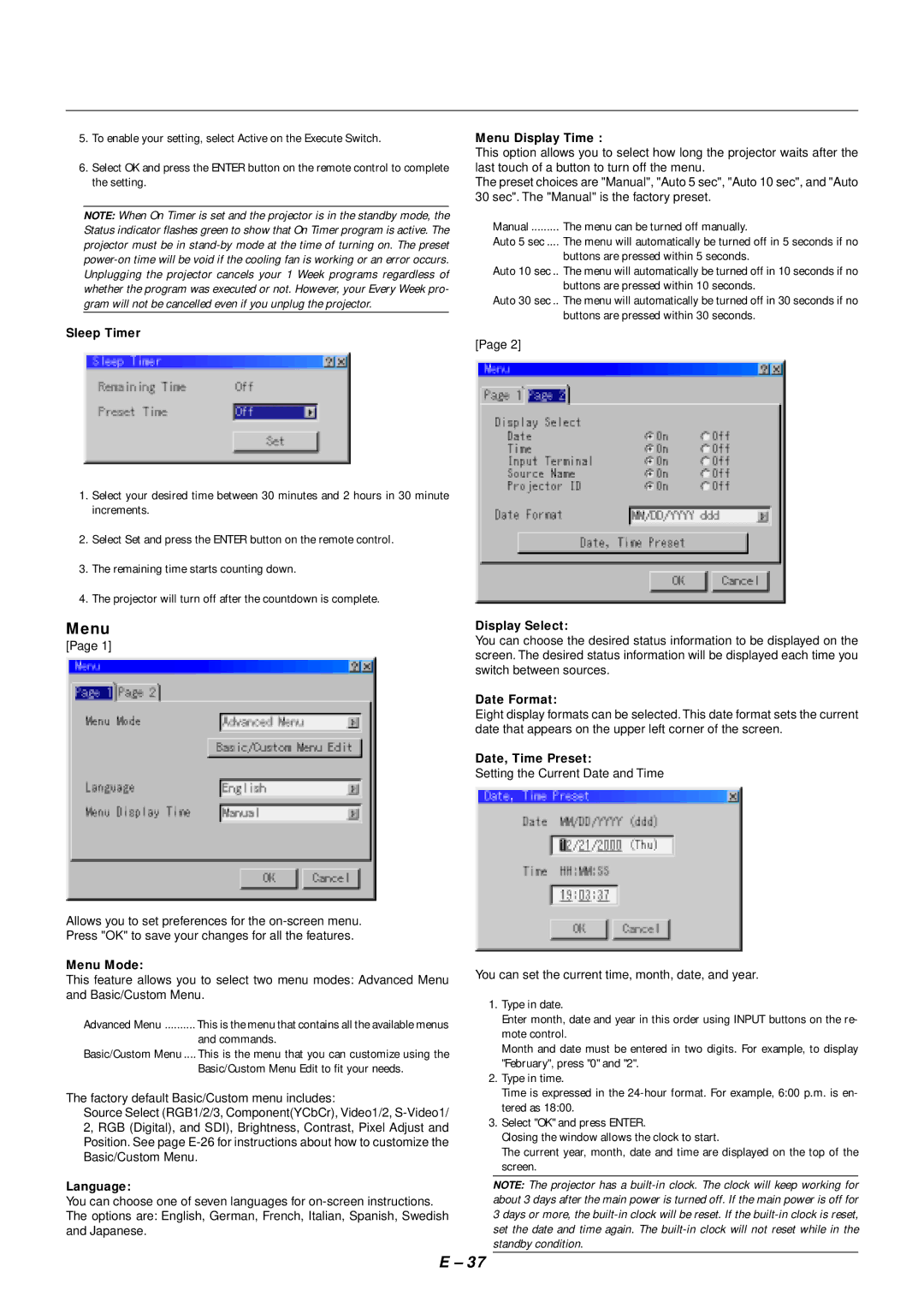 NEC SX4000 user manual Menu 