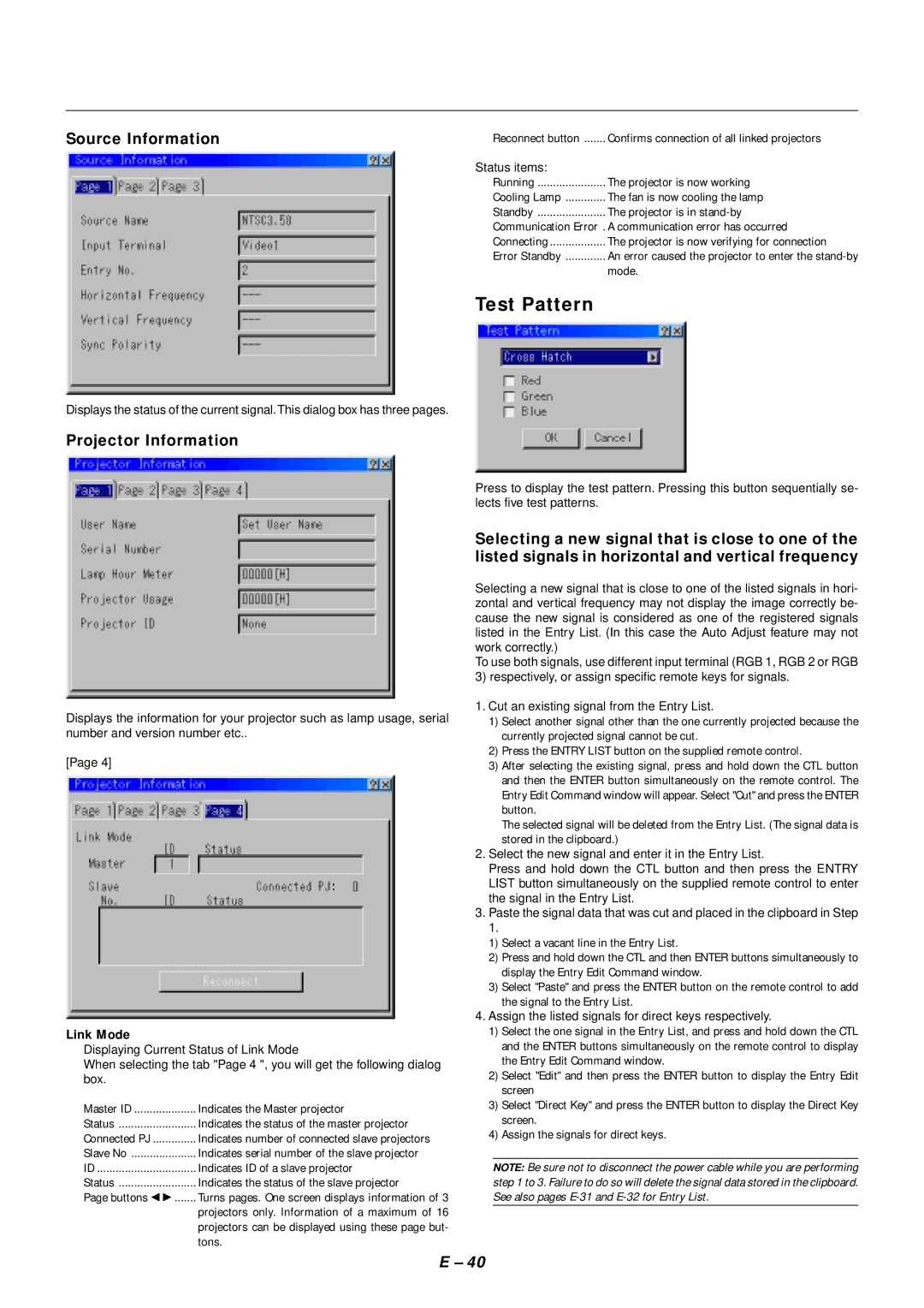 NEC SX4000 user manual Test Pattern, Source Information, Projector Information, Link Mode 