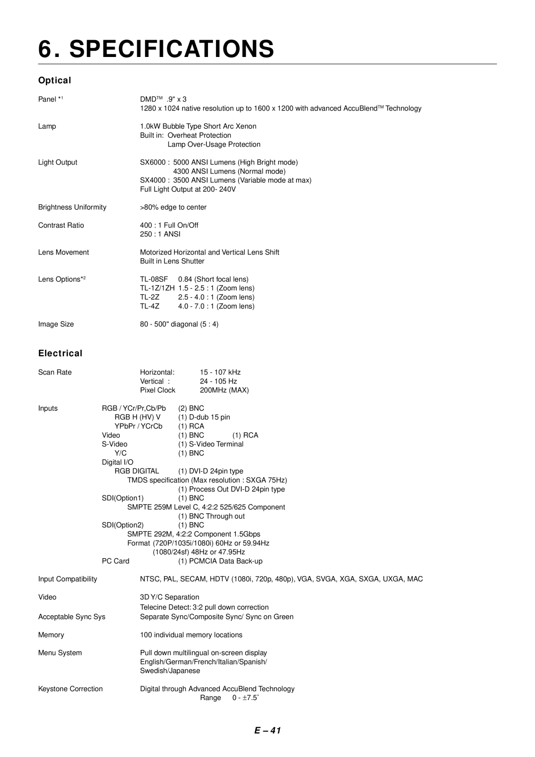 NEC SX4000 user manual Specifications, Optical, Electrical 