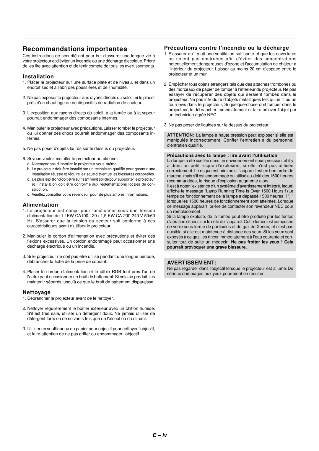 NEC SX4000 user manual Recommandations importantes, Alimentation, Nettoyage, Précautions contre lincendie ou la décharge 