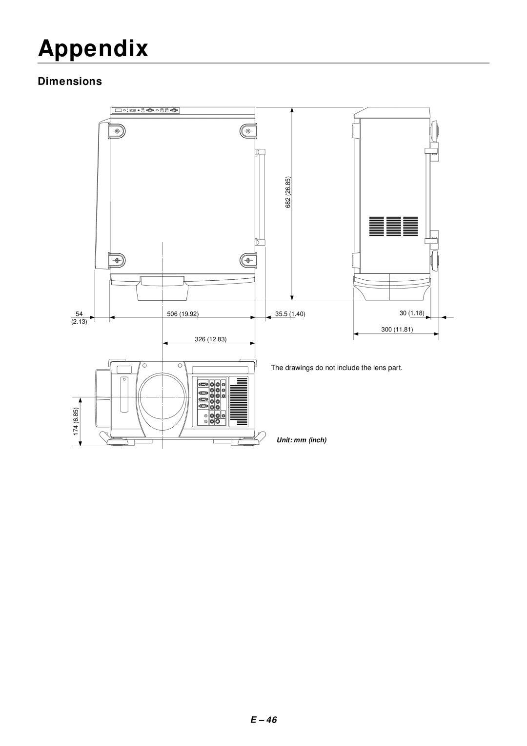 NEC SX4000 user manual Dimensions, Drawings do not include the lens part 