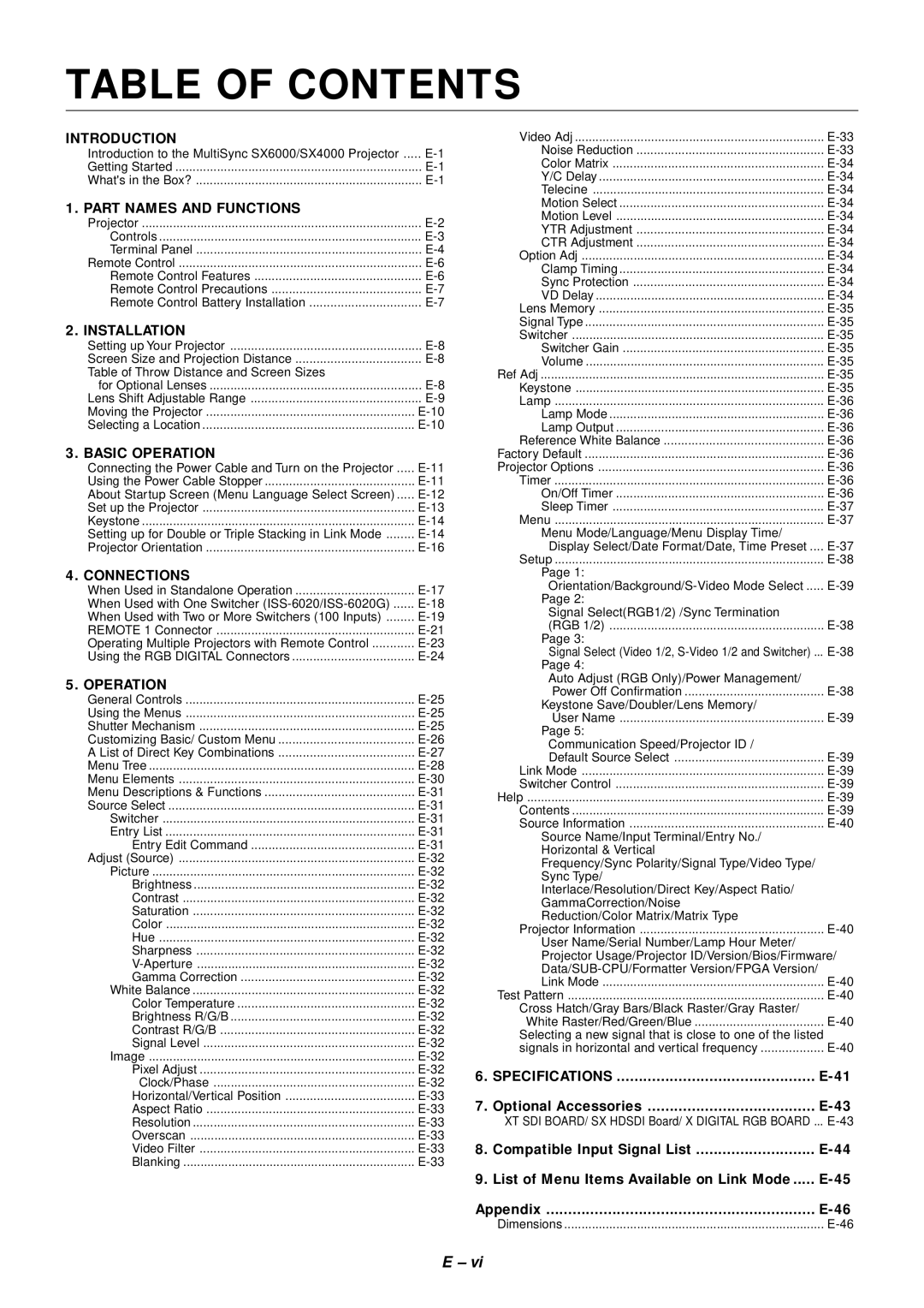 NEC SX4000 user manual Table of Contents 