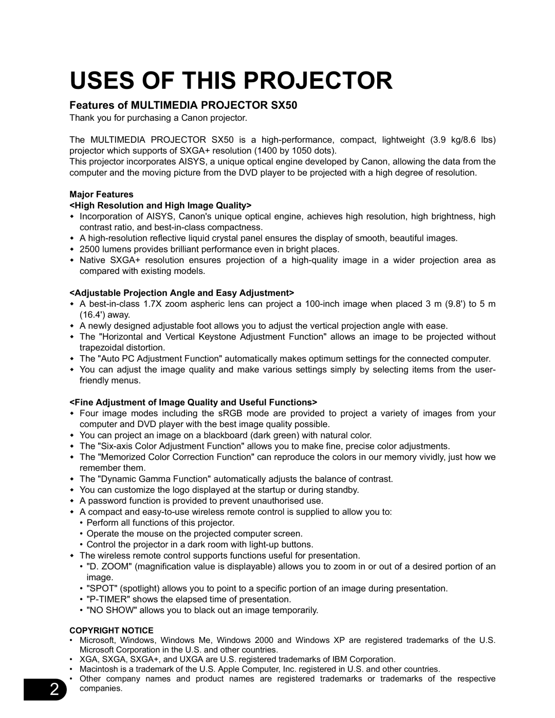 NEC user manual Uses of this Projector, Features of Multimedia Projector SX50 