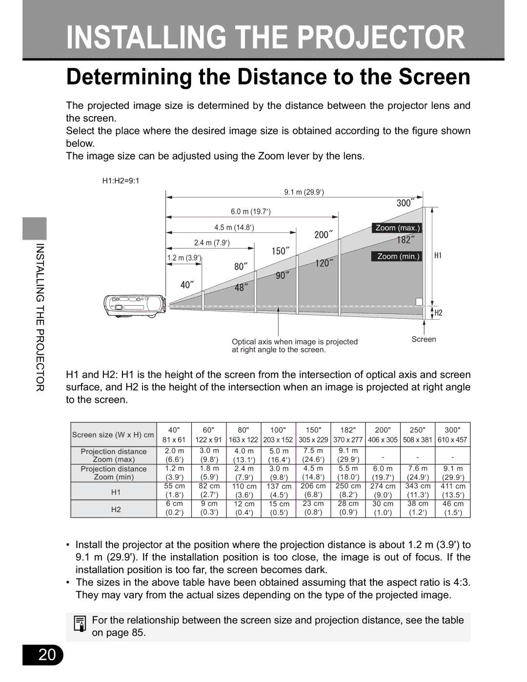 NEC SX50 user manual Installing the Projector, Determining the Distance to the Screen 