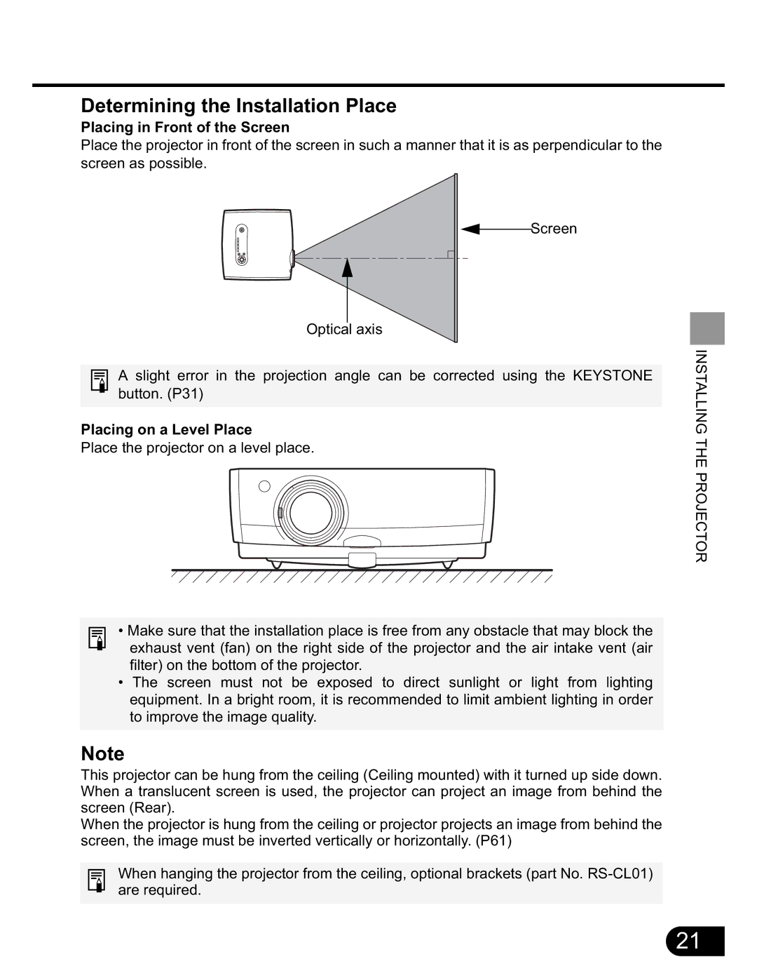 NEC SX50 user manual Determining the Installation Place, Placing in Front of the Screen, Placing on a Level Place 