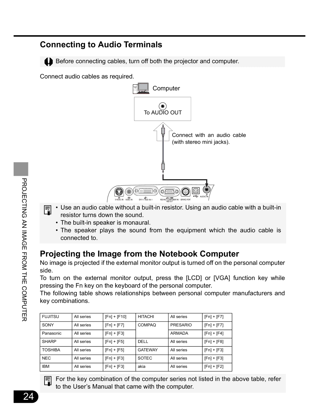 NEC SX50 user manual Connecting to Audio Terminals, Projecting the Image from the Notebook Computer 