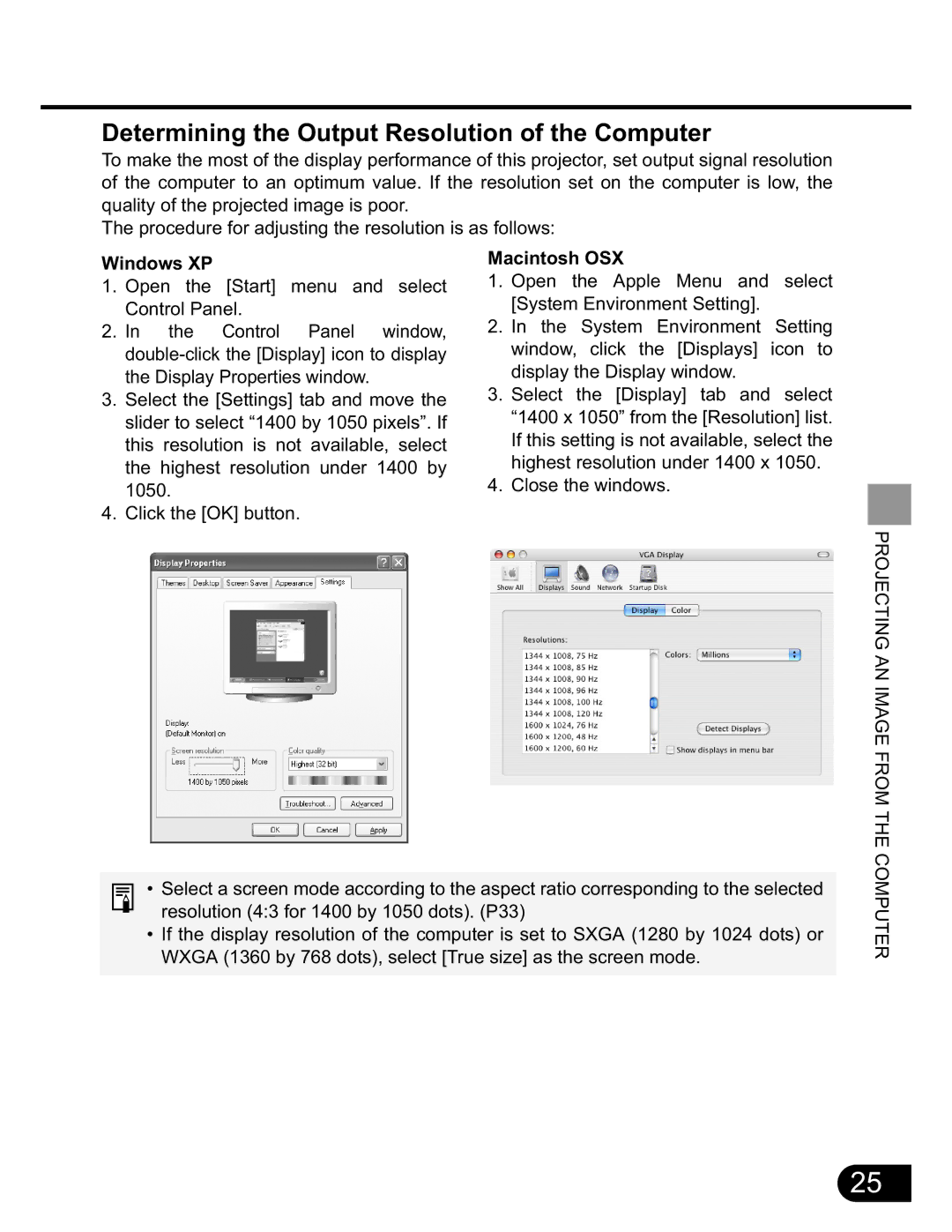 NEC SX50 user manual Determining the Output Resolution of the Computer, Windows XP, Macintosh OSX 