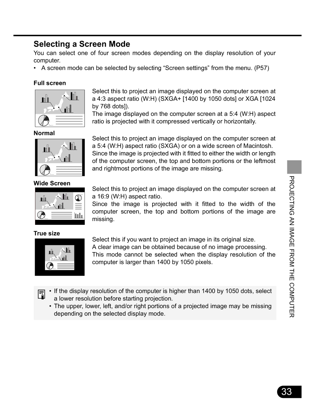 NEC SX50 user manual Selecting a Screen Mode, Full screen Normal, Wide Screen True size 