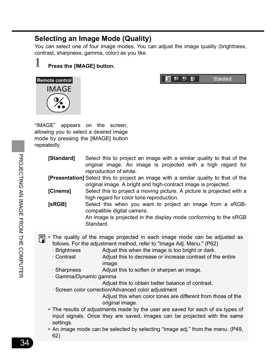 NEC SX50 user manual Selecting an Image Mode Quality, Press the Image button 