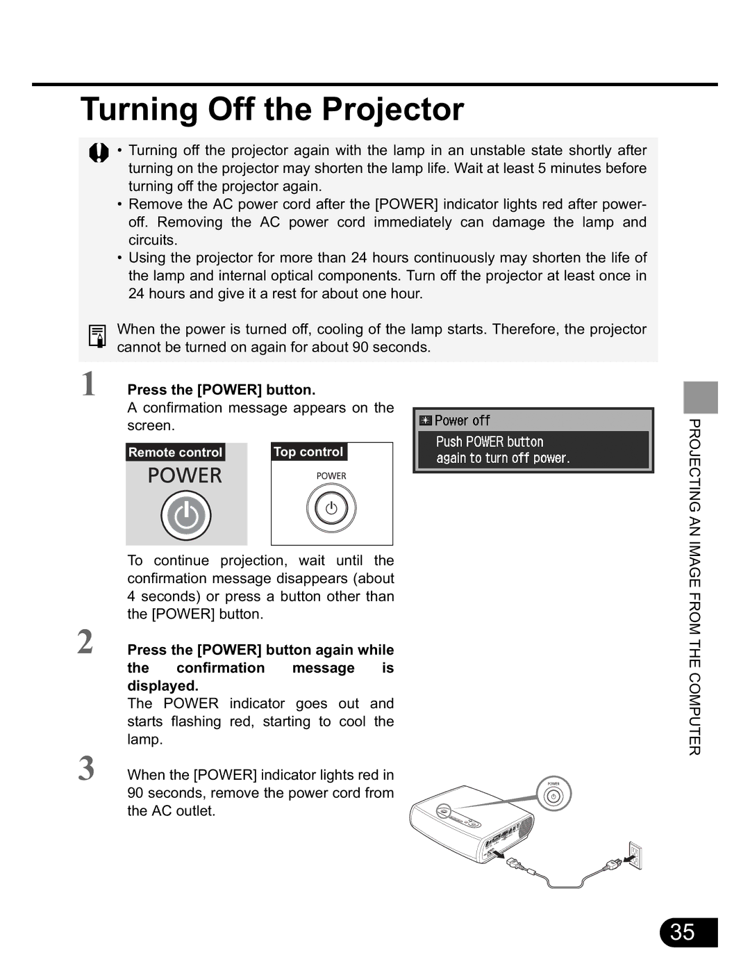 NEC SX50 user manual Turning Off the Projector, Press the Power button 