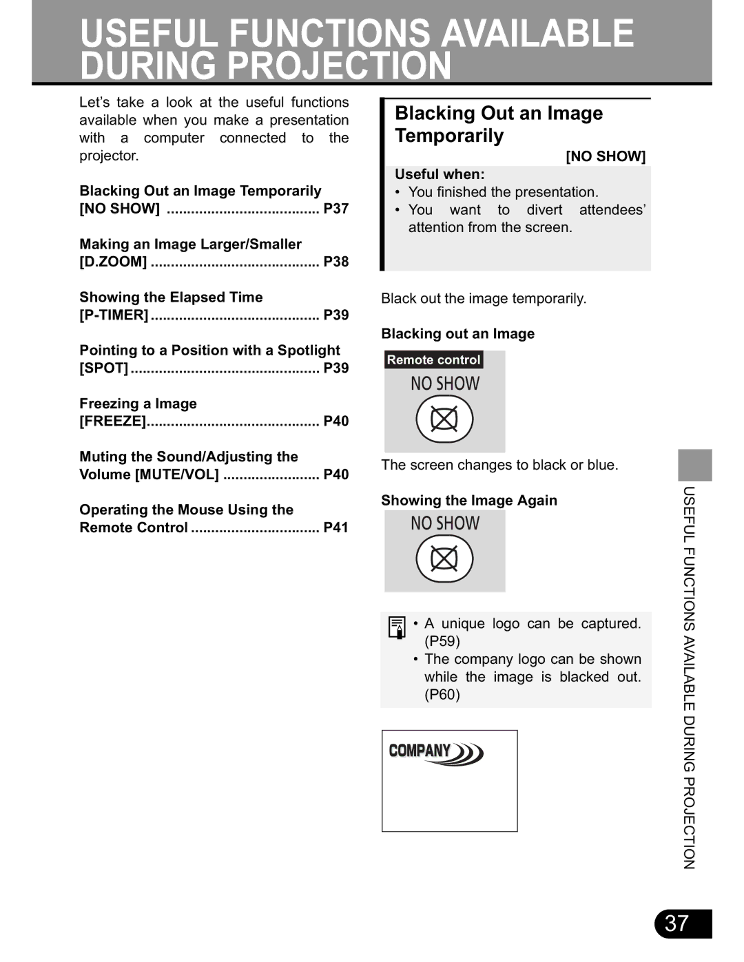 NEC SX50 user manual Blacking Out an Image Temporarily 