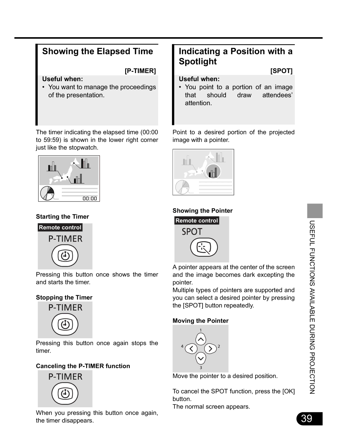 NEC SX50 user manual Showing the Elapsed Time, Indicating a Position with a Spotlight 