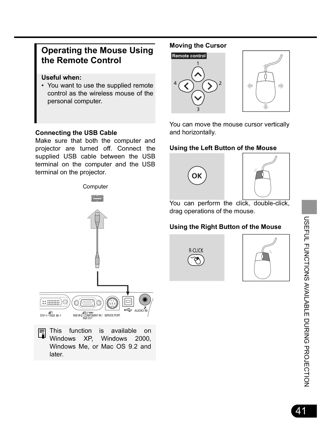 NEC SX50 user manual Operating the Mouse Using the Remote Control, Connecting the USB Cable, Moving the Cursor 