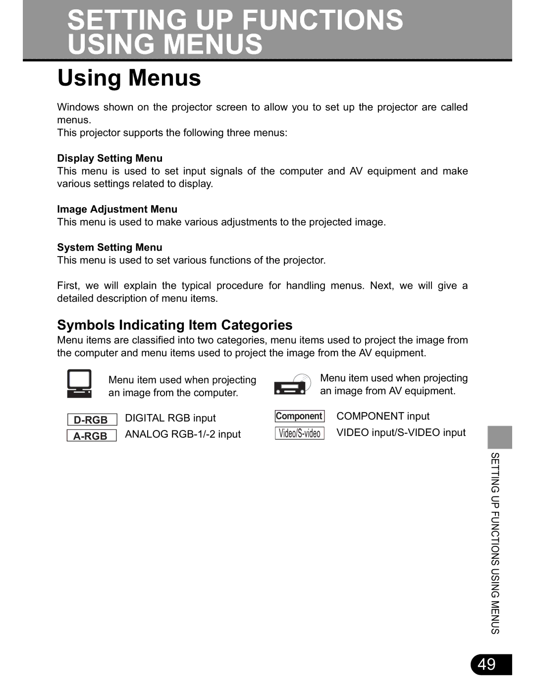 NEC SX50 Using Menus, Symbols Indicating Item Categories, Display Setting Menu, Image Adjustment Menu, System Setting Menu 