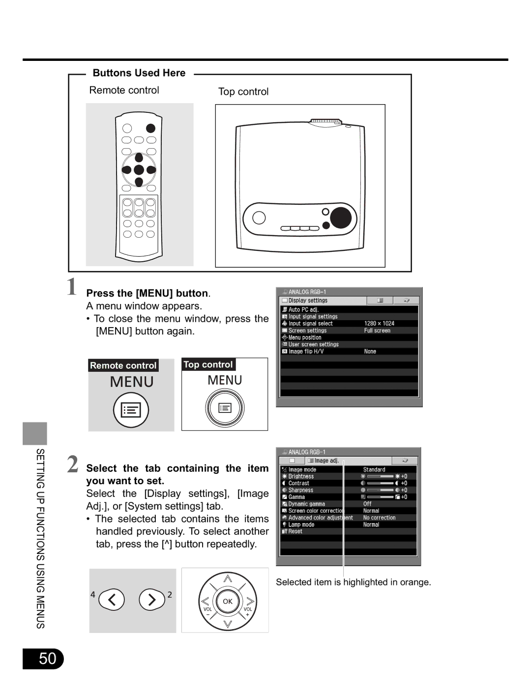 NEC SX50 user manual Press the Menu button, Select the tab containing the item you want to set 