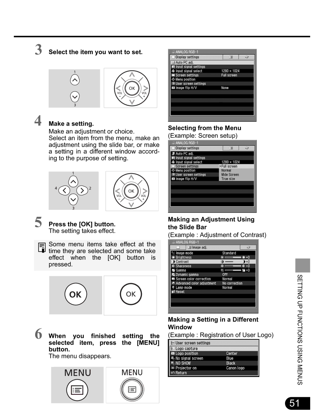 NEC SX50 Select the item you want to set Make a setting, Selecting from the Menu, Making an Adjustment Using the Slide Bar 