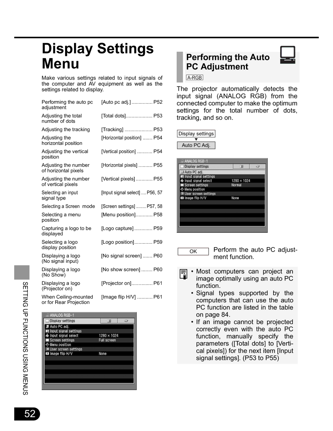 NEC SX50 user manual Display Settings Menu, Performing the Auto PC Adjustment 