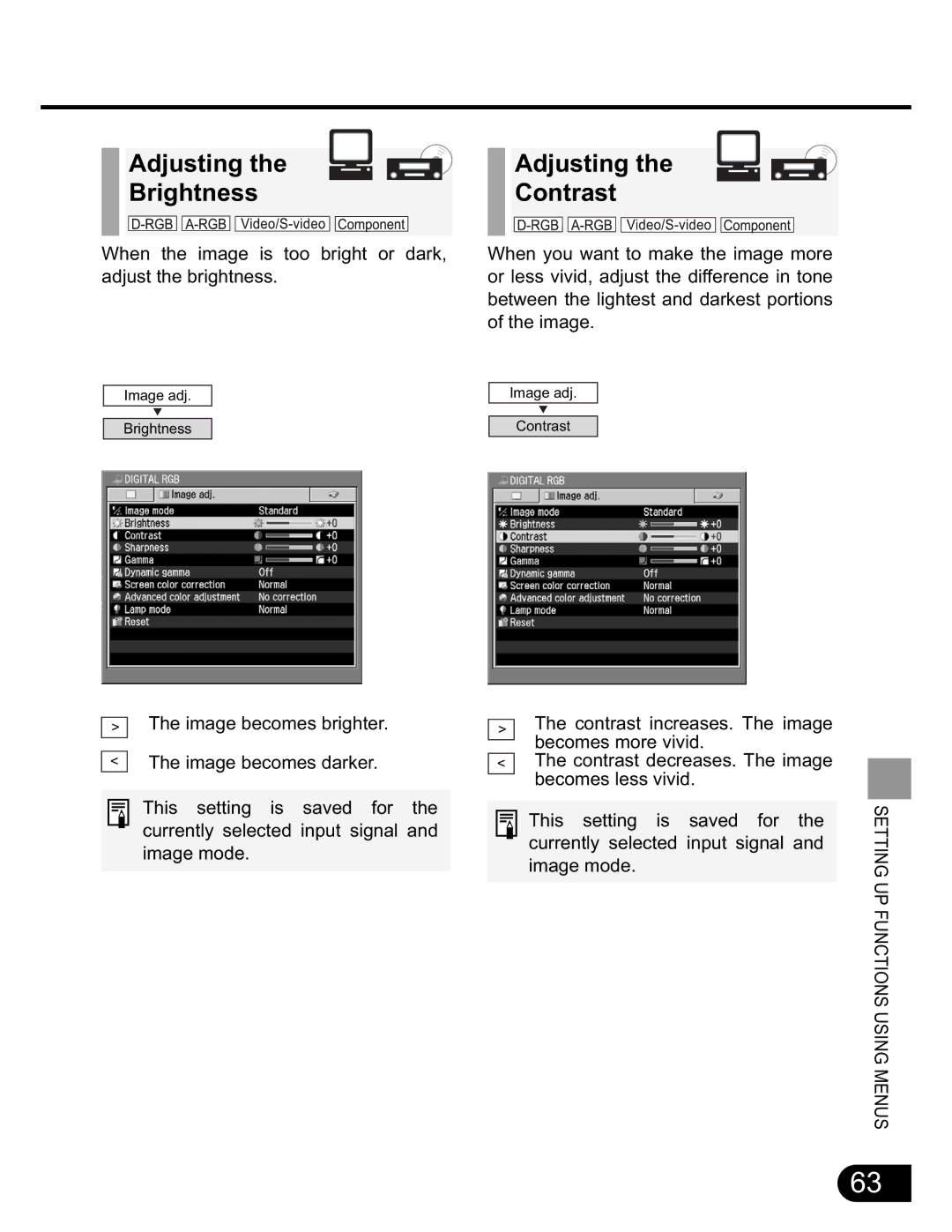 NEC SX50 user manual Adjusting the Brightness Adjusting the Contrast 