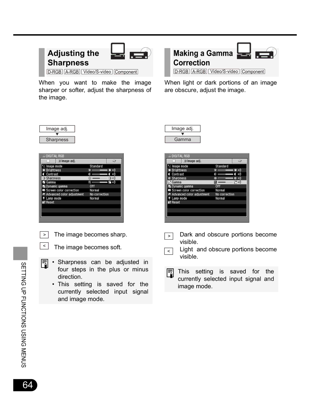 NEC SX50 user manual Adjusting the Sharpness Making a Gamma Correction 