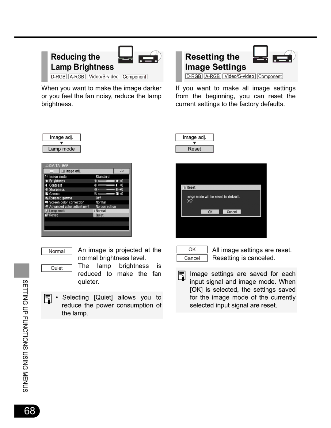 NEC SX50 user manual Reducing Resetting Lamp Brightness Image Settings, Resetting is canceled 