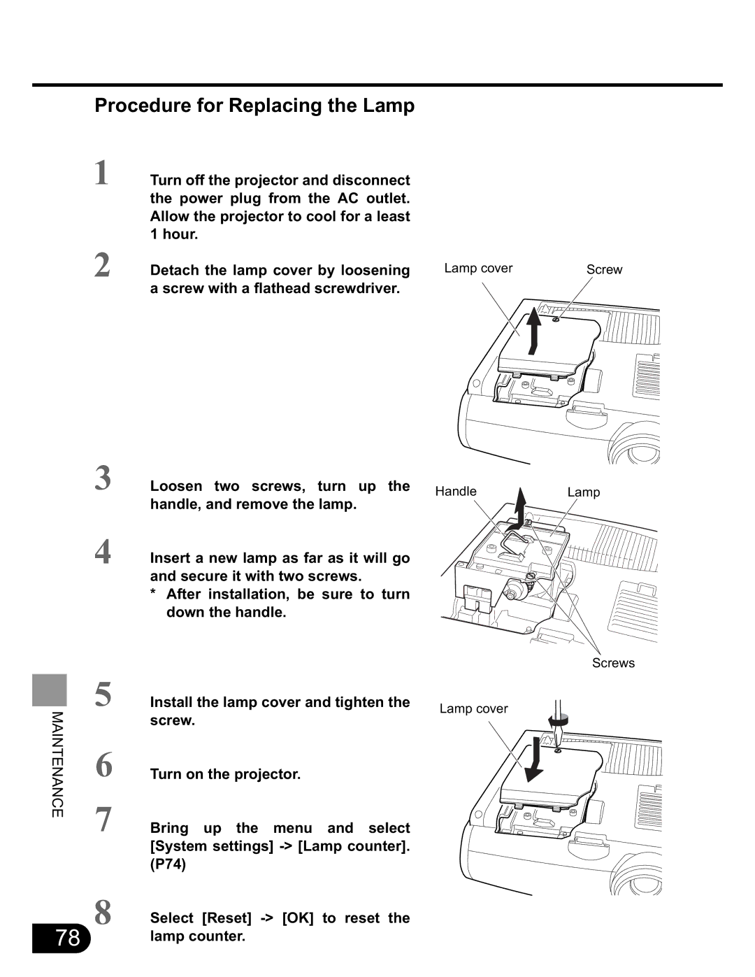 NEC SX50 Procedure for Replacing the Lamp, Handle, and remove the lamp, Install the lamp cover and tighten, Screw 