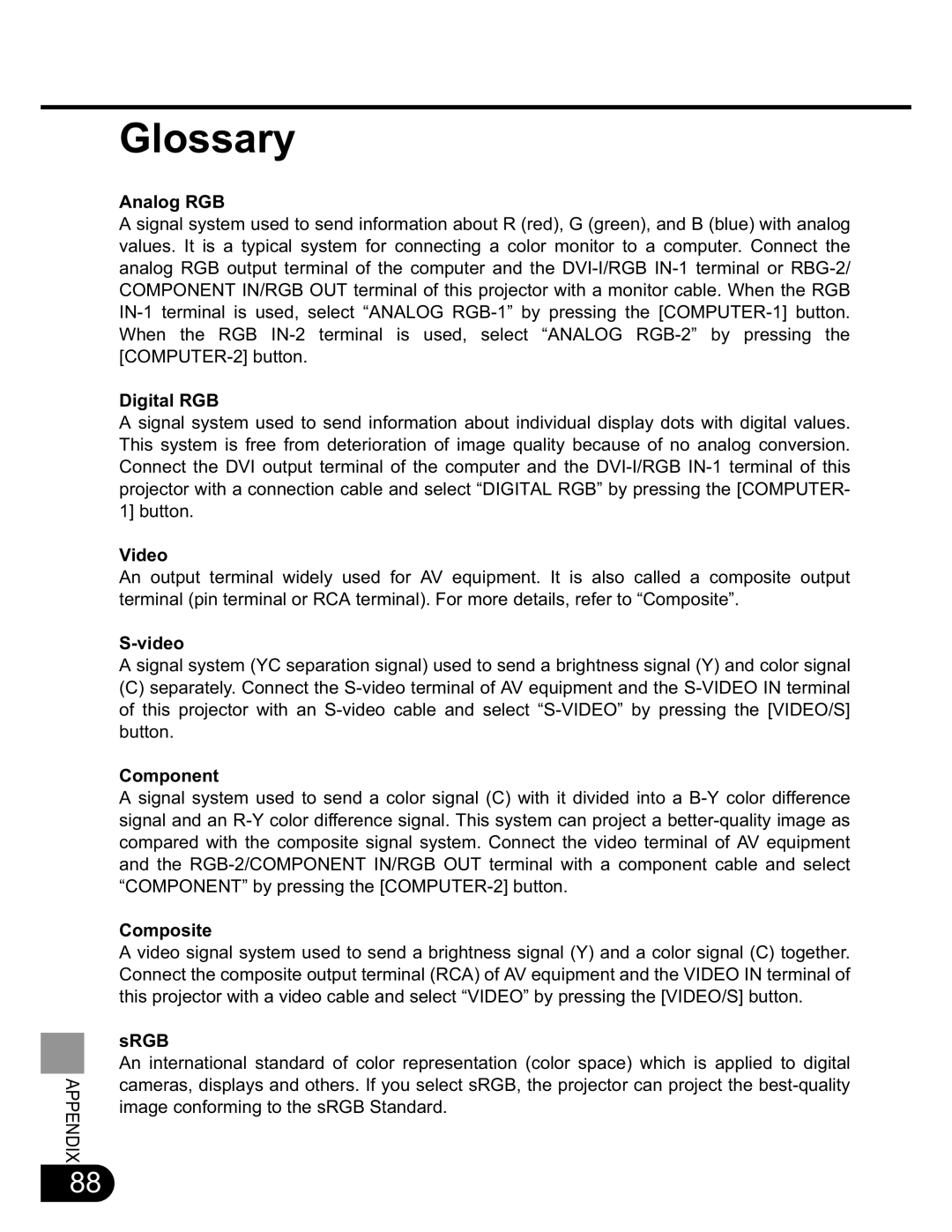 NEC SX50 user manual Glossary, Analog RGB 