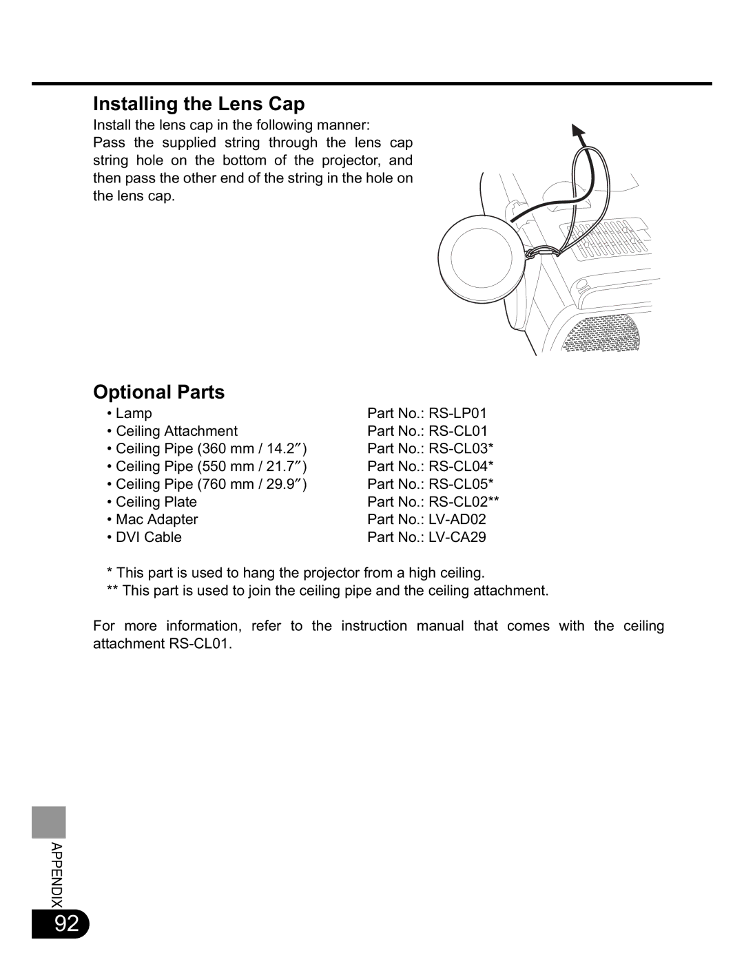 NEC SX50 user manual Installing the Lens Cap, Optional Parts 