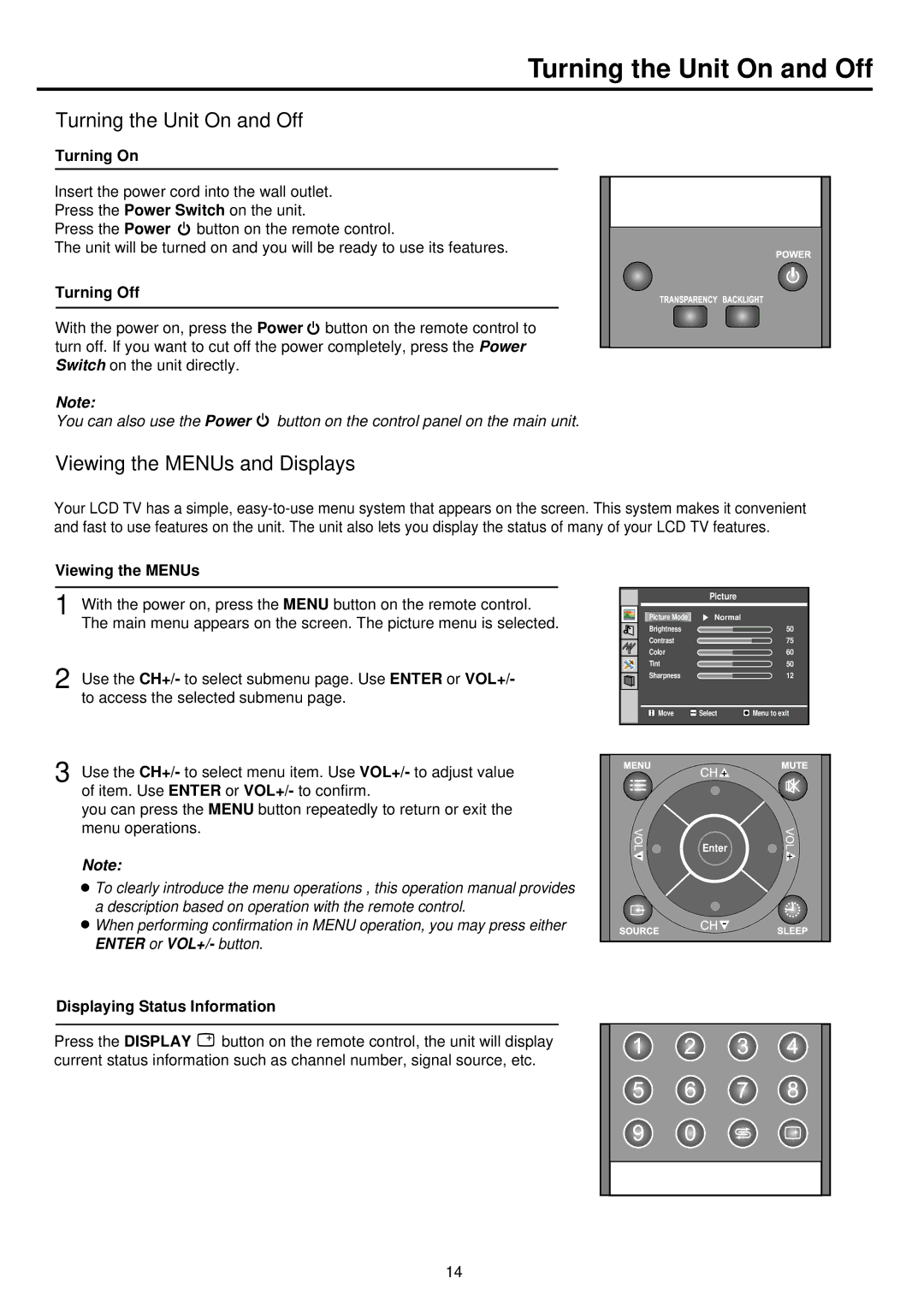 NEC TFTV515Y owner manual Turning the Unit On and Off, Viewing the MENUs and Displays 