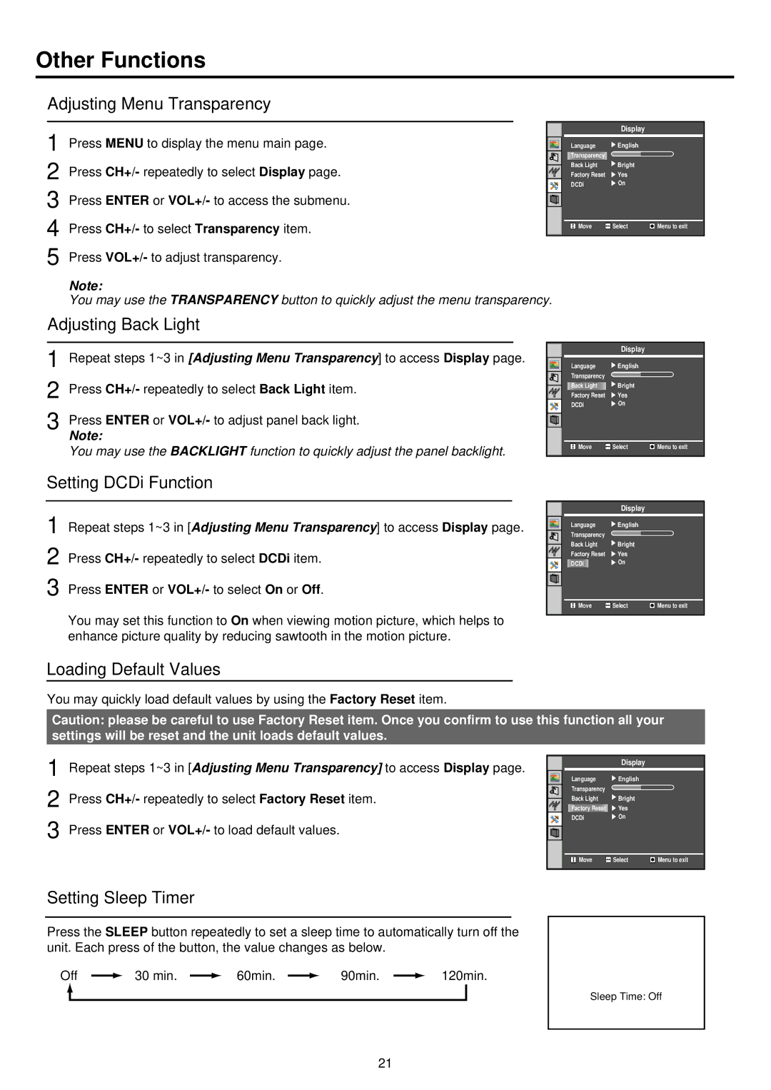 NEC TFTV515Y owner manual Other Functions, Adjusting Menu Transparency, Setting Sleep Timer 