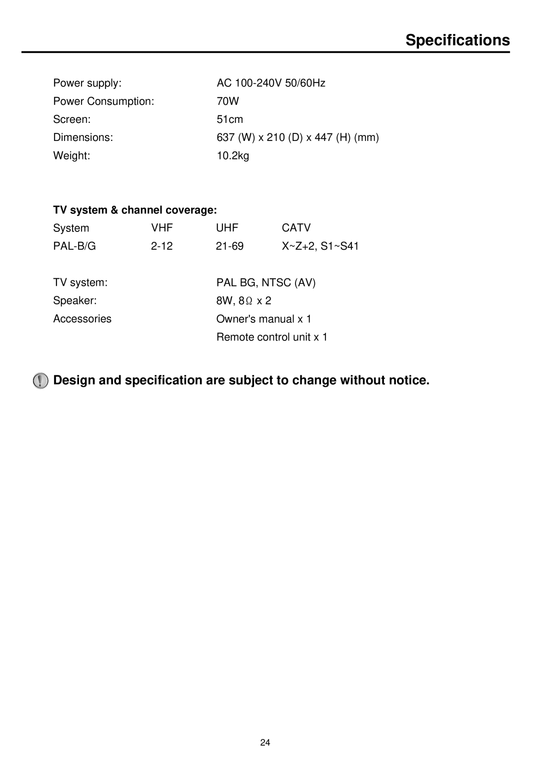 NEC TFTV515Y owner manual Specifications, TV system & channel coverage 