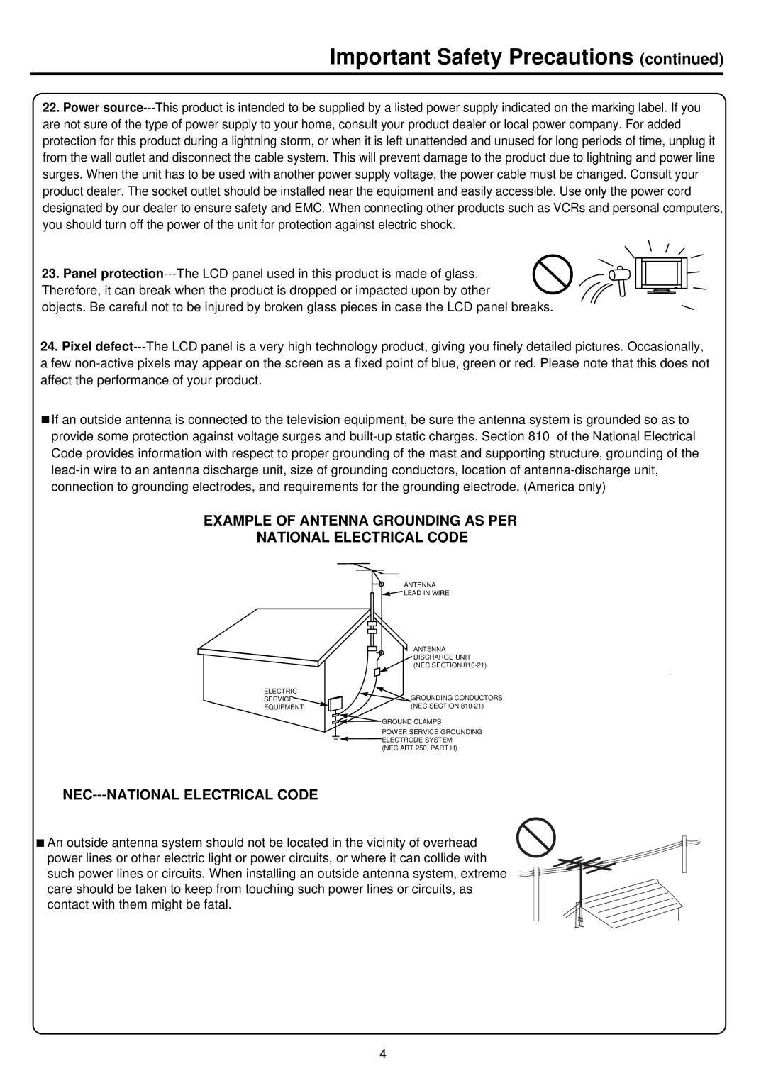 NEC TFTV515Y owner manual Example of Antenna Grounding AS PER National Electrical Code 