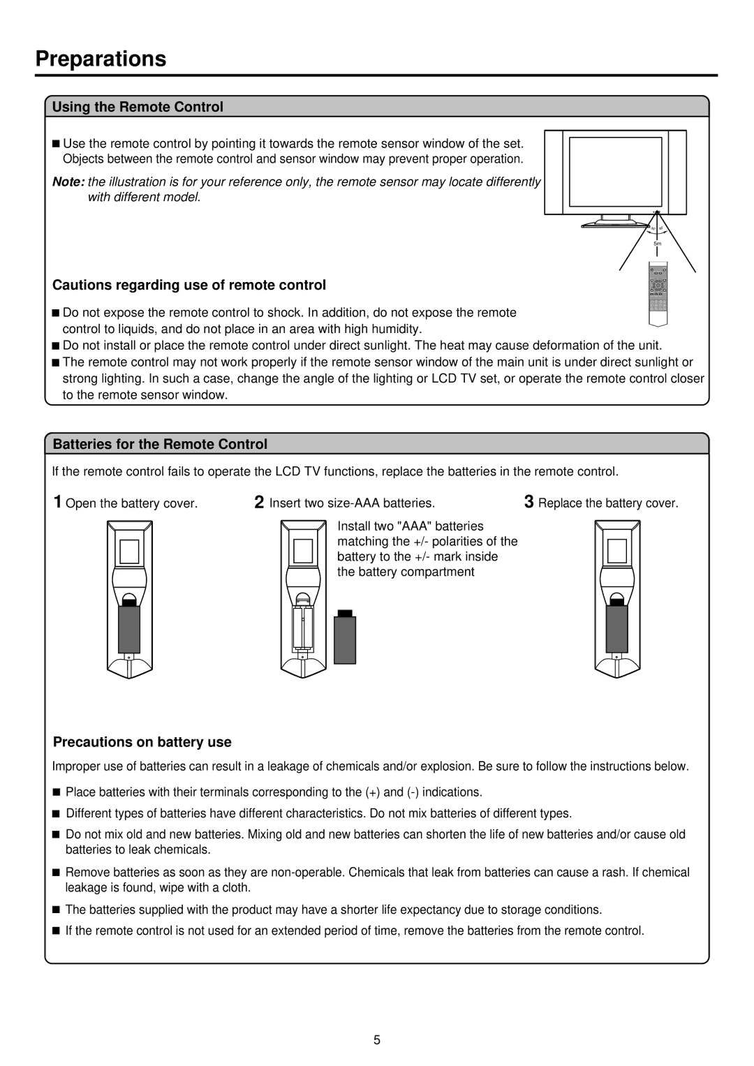 NEC TFTV515Y Preparations, Using the Remote Control, Batteries for the Remote Control, Precautions on battery use 