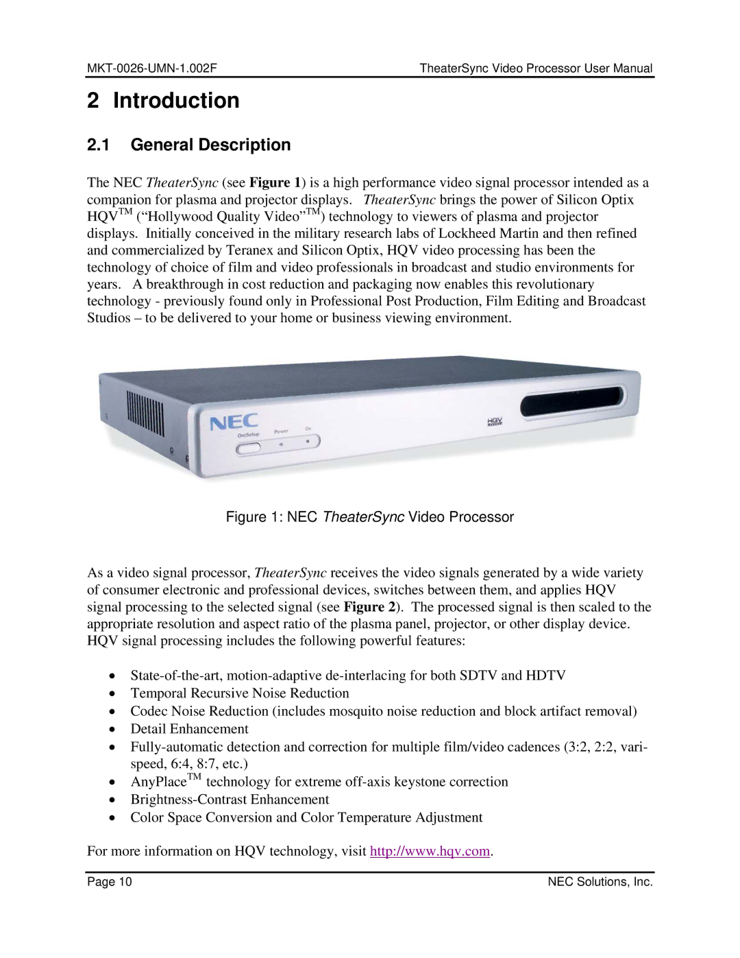 NEC TheaterSync Video Processor user manual Introduction, General Description 